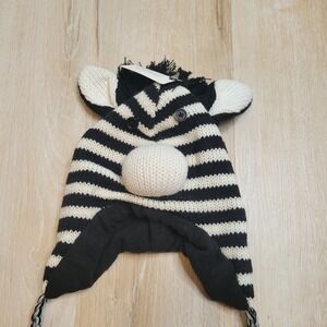 3D Zebra Knit Beanie Hat Kid OS Black White Striped Animal Earflap Lined Kidcore